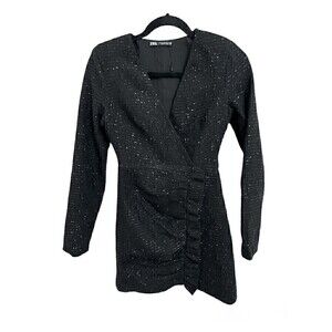 NEW Zara Dress Size XS Womens Tetured Mini Weave Tweed Black Blazer Ruffle Dress